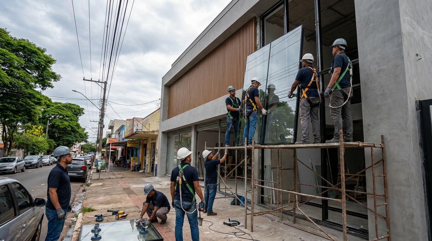 Fachada de vidro com andaime lateral em Cascavel-PR