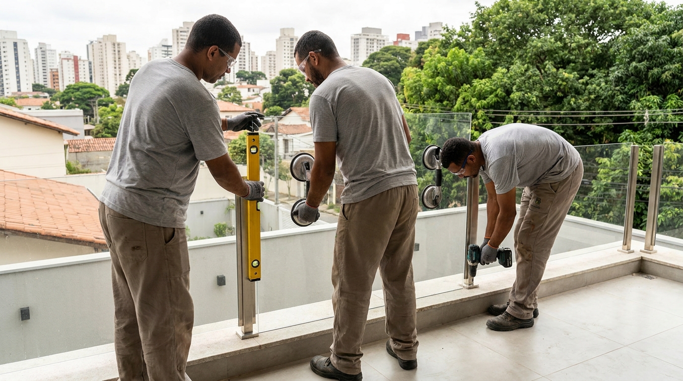 Guarda-corpo em terraço alto com vista cidade em Cascavel-PR