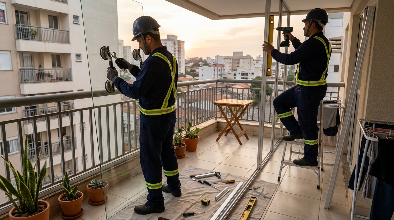 Instalação de parede de vidro em sacada em Cascavel-PR