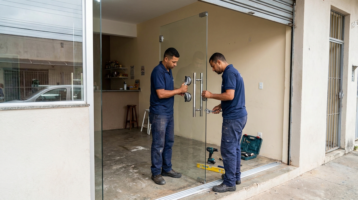 Dupla instalando porta de vidro em loja em Cascavel-PR